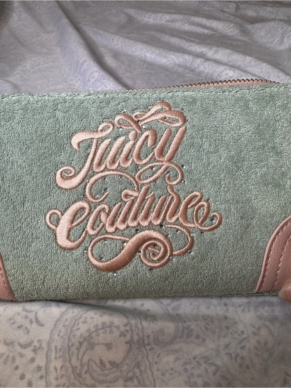 Juicy Couture Soft Terrycloth Mint with Pink Embroidered Logo Wristlet Wallet